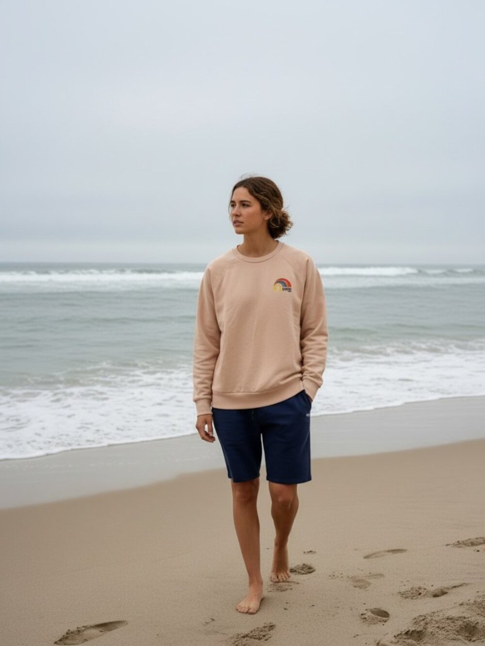 O'Neill Sweatshirt Womens Large Peach Excellent Retro Rainbow Wave Crewneck
